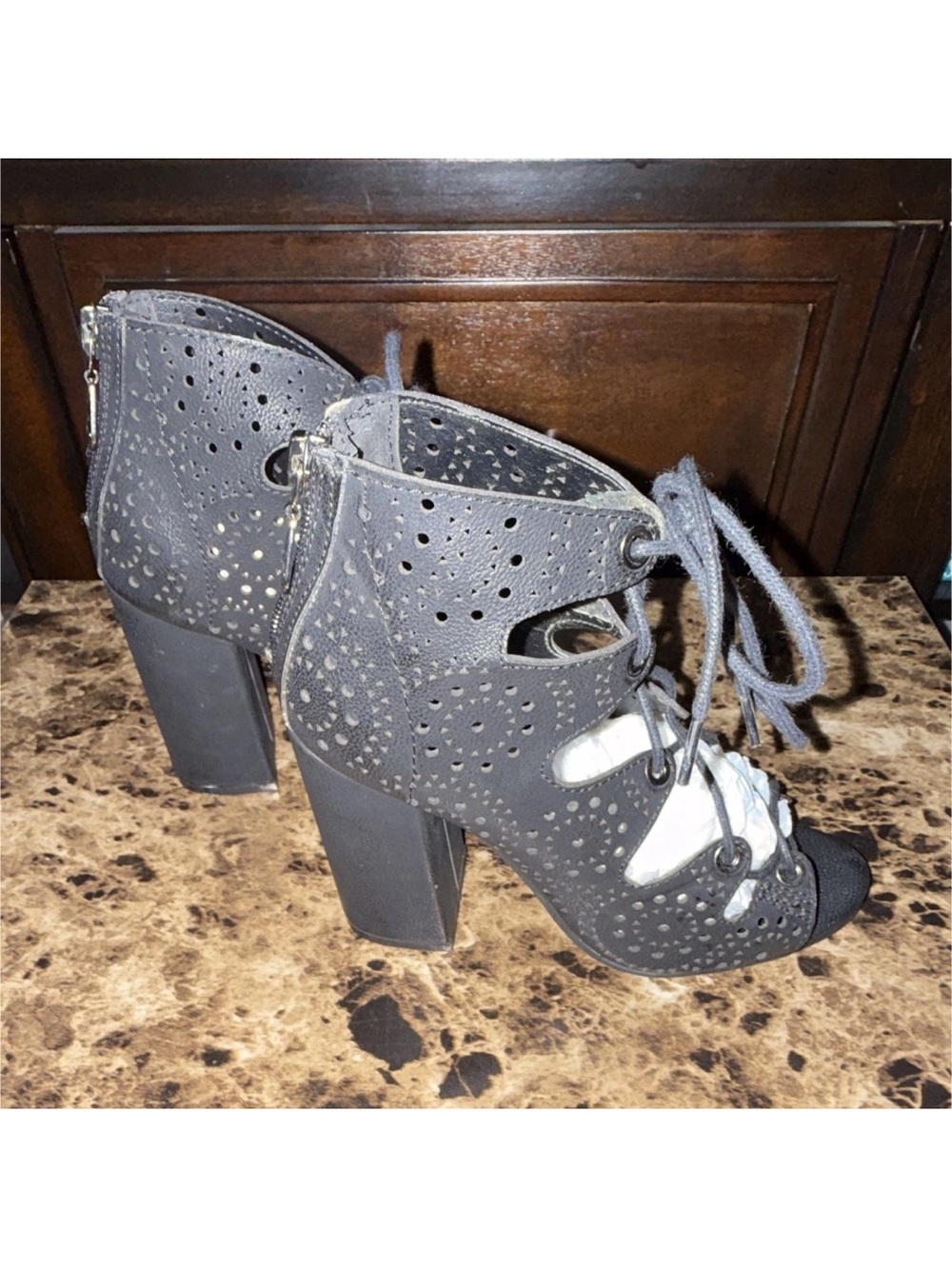 G by Guess Black Laser-Cut Lace-Up Peep Toe Block Heels